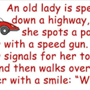 An old lady is speeding down a highway, when she spots a police officer with a speed gun.
